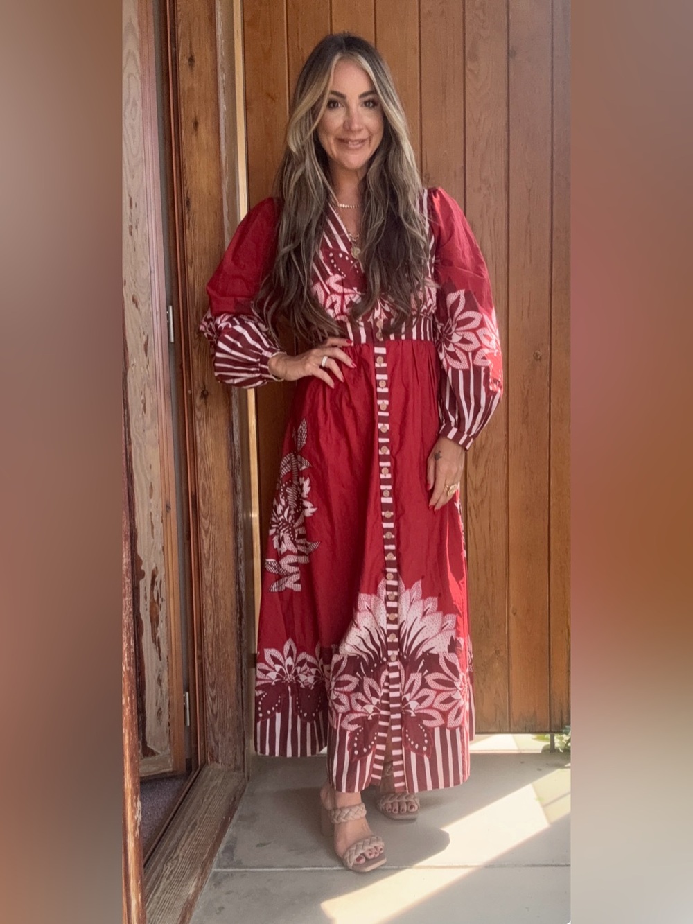 Farm Rio Red Floral Maxi Dress with Button-Front Detail